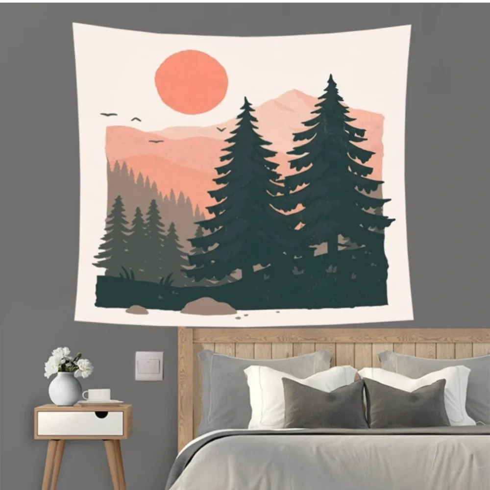 California Mountain Range Pink/Green Forest Retro Pop Art Home Decor Tapestry